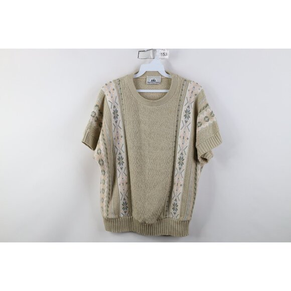 Vintage Sweaters - Vintage 90s Streetwear Womens Large Flower Fair Isle Knit Short Sleeve Sweater